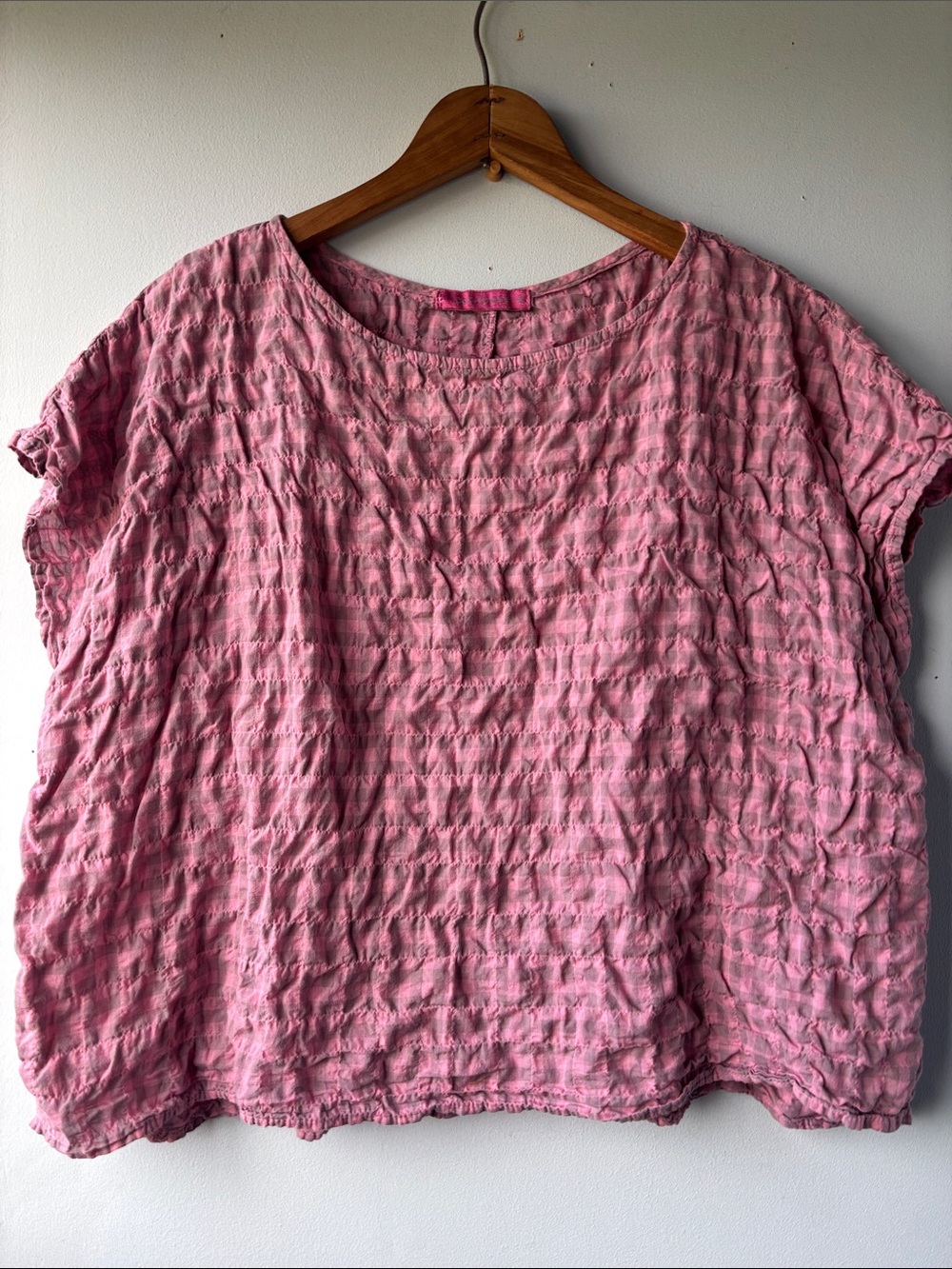 Cut Loose Pink Gingham Boxy Cotton Linen Top, M